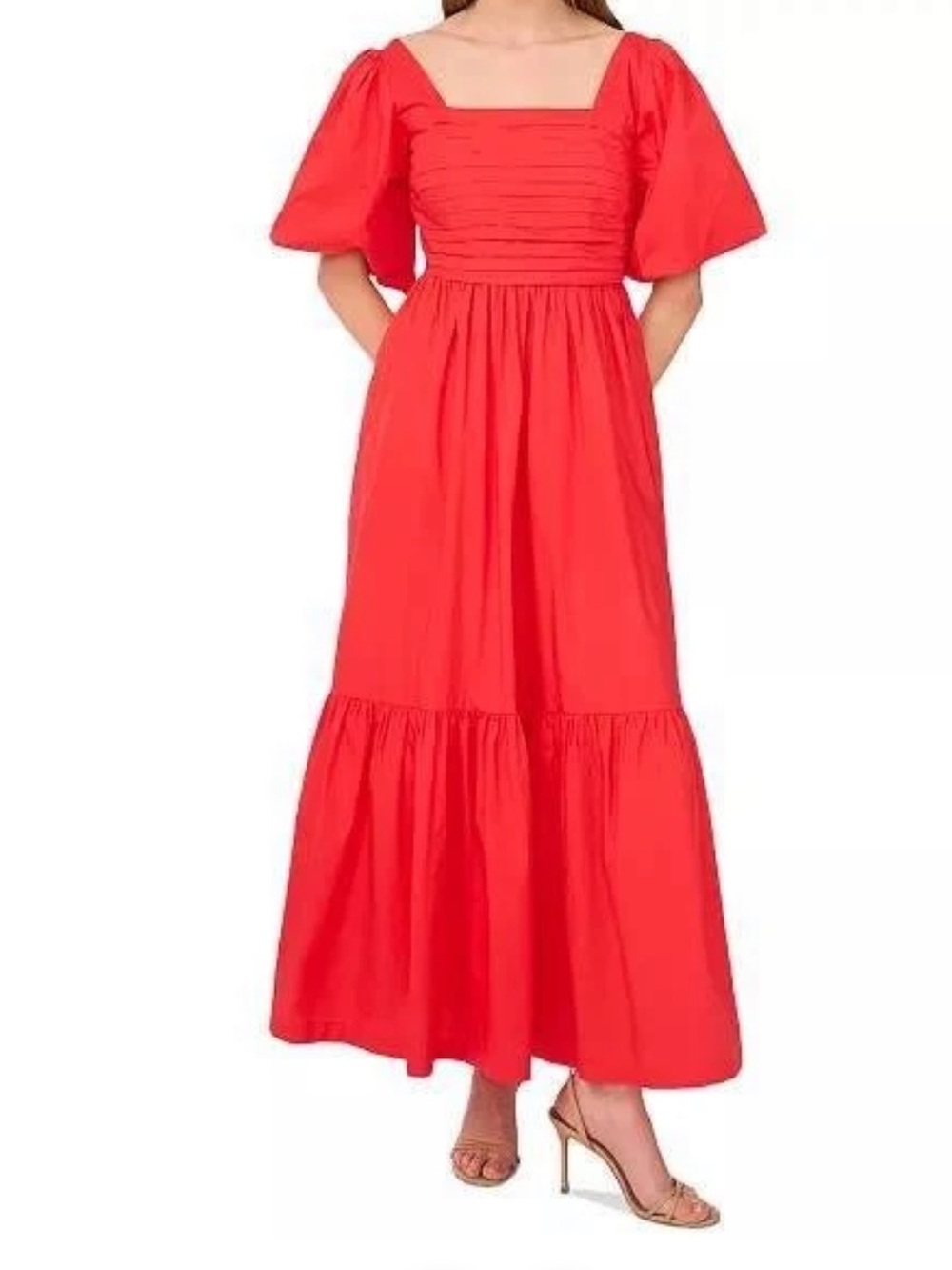 CeCe Red Puff-Sleeve Square-Neck Maxi Dress